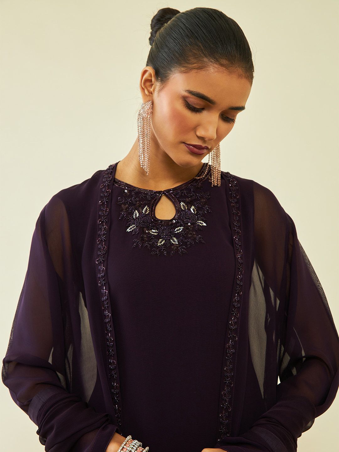 Dhiyona SO Women's Burgundy Embroidered Regular Beads and Stones Kurta with Churidar & Dupatta