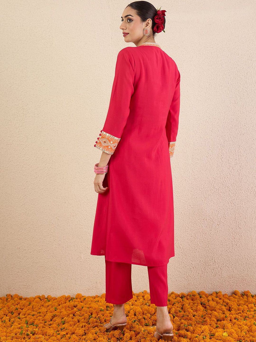 Women Ethnic Motifs Embroidered Mandarin Collar Mirror Work Kurta Trousers