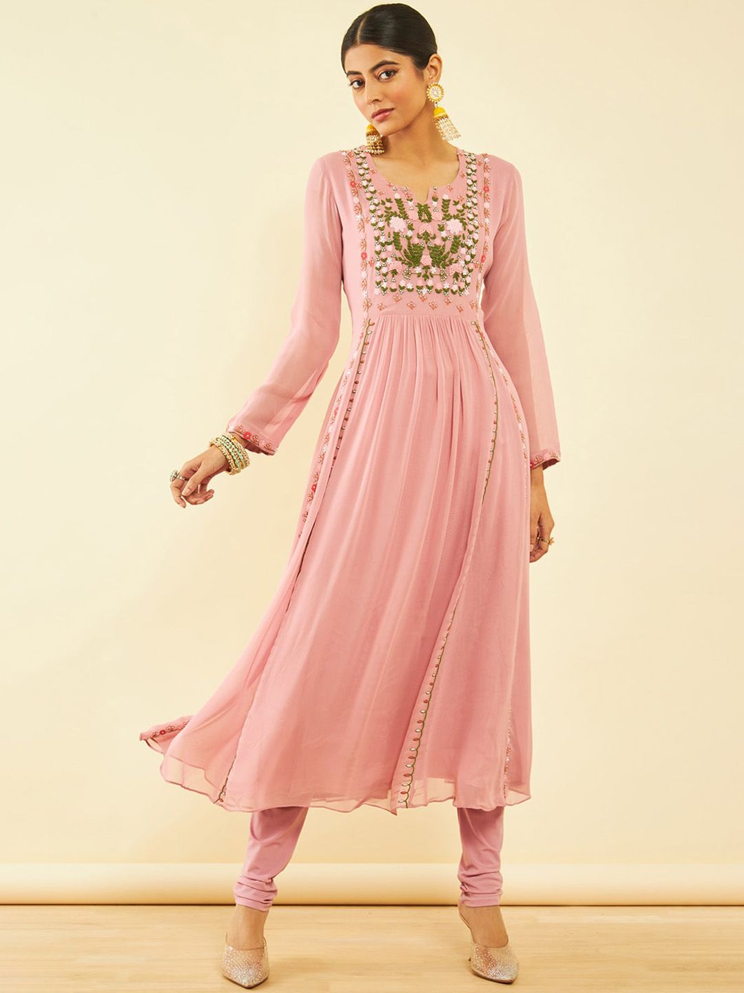 Dhiyona SO Women's Floral Embroidered Beads and Stones Georgette Kurta with Churidar & Dupatta