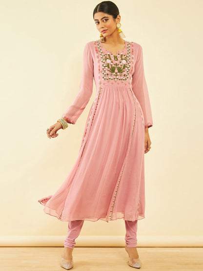 Dhiyona SO Women's Floral Embroidered Beads and Stones Georgette Kurta with Churidar & Dupatta