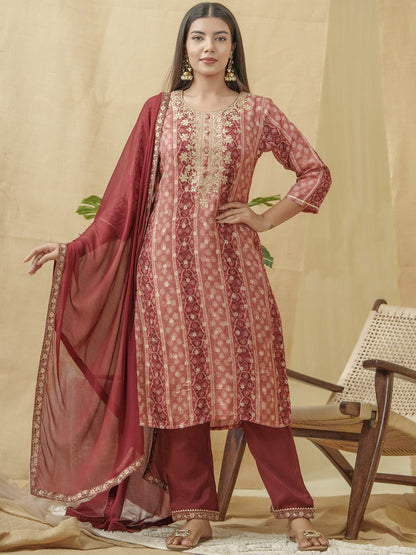 Dhiyona PD Women Bandhani Printed Thread Work Linen Kurta With Trousers & Dupatta