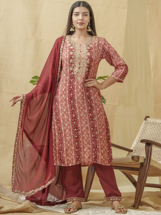 Dhiyona PD Women Bandhani Printed Thread Work Linen Kurta With Trousers & Dupatta