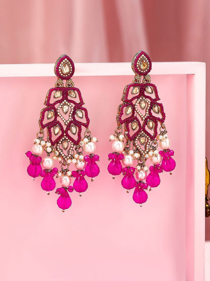 Dhiyona RJ Women's 22K Gold Plated Pink Stone & Kundan Studded Chandelier with Pearl & Bead Accents