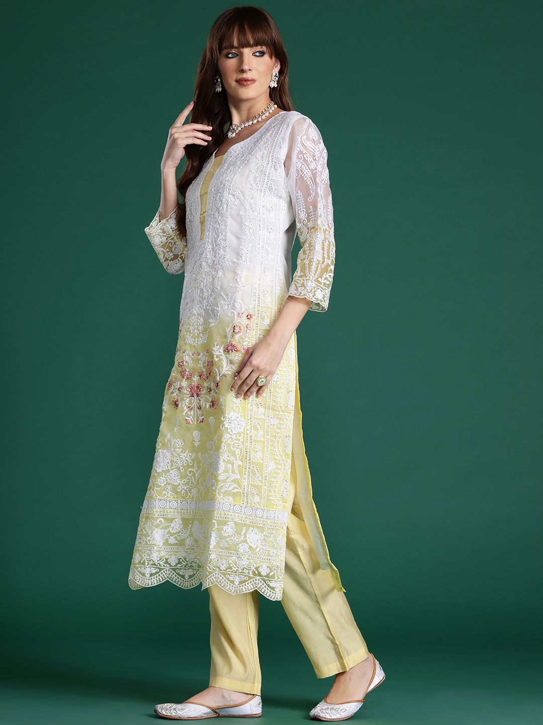 Floral Embroidered Sequinned Kurta With Trousers & Dupatta