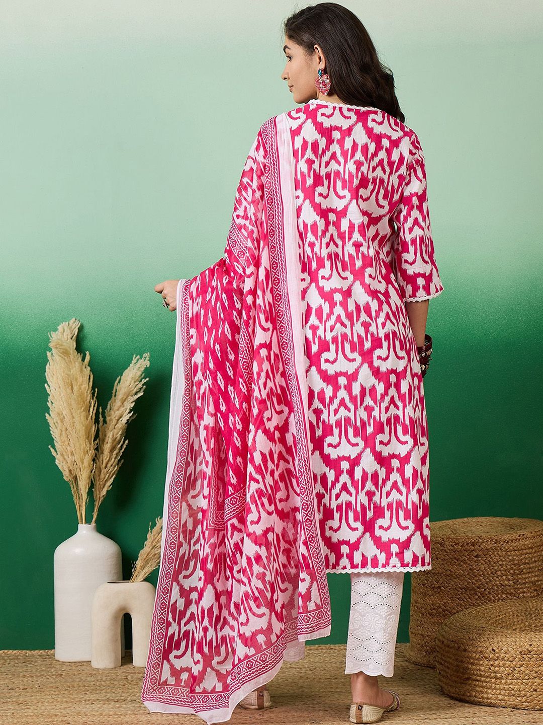 Dhiyona SN Women's Notch Neck Printed Pure Cotton Kurta With Trousers & Dupatta
