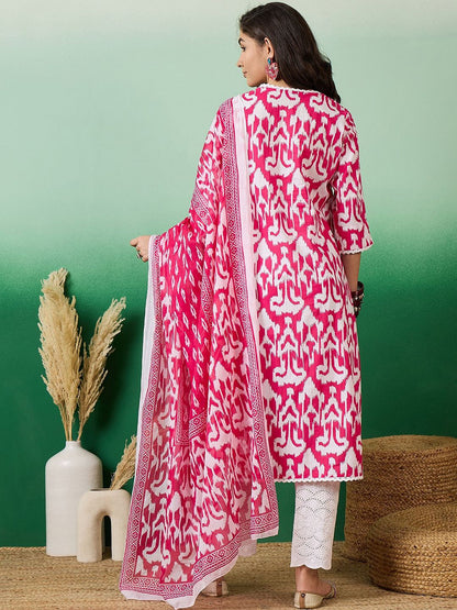 Dhiyona SN Women's Notch Neck Printed Pure Cotton Kurta With Trousers & Dupatta