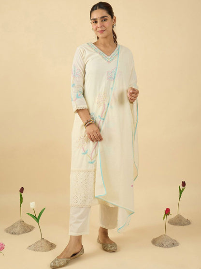Women Ethnic Motifs Embroidered Thread Work Pure Cotton Kurta Trousers & Dupatta