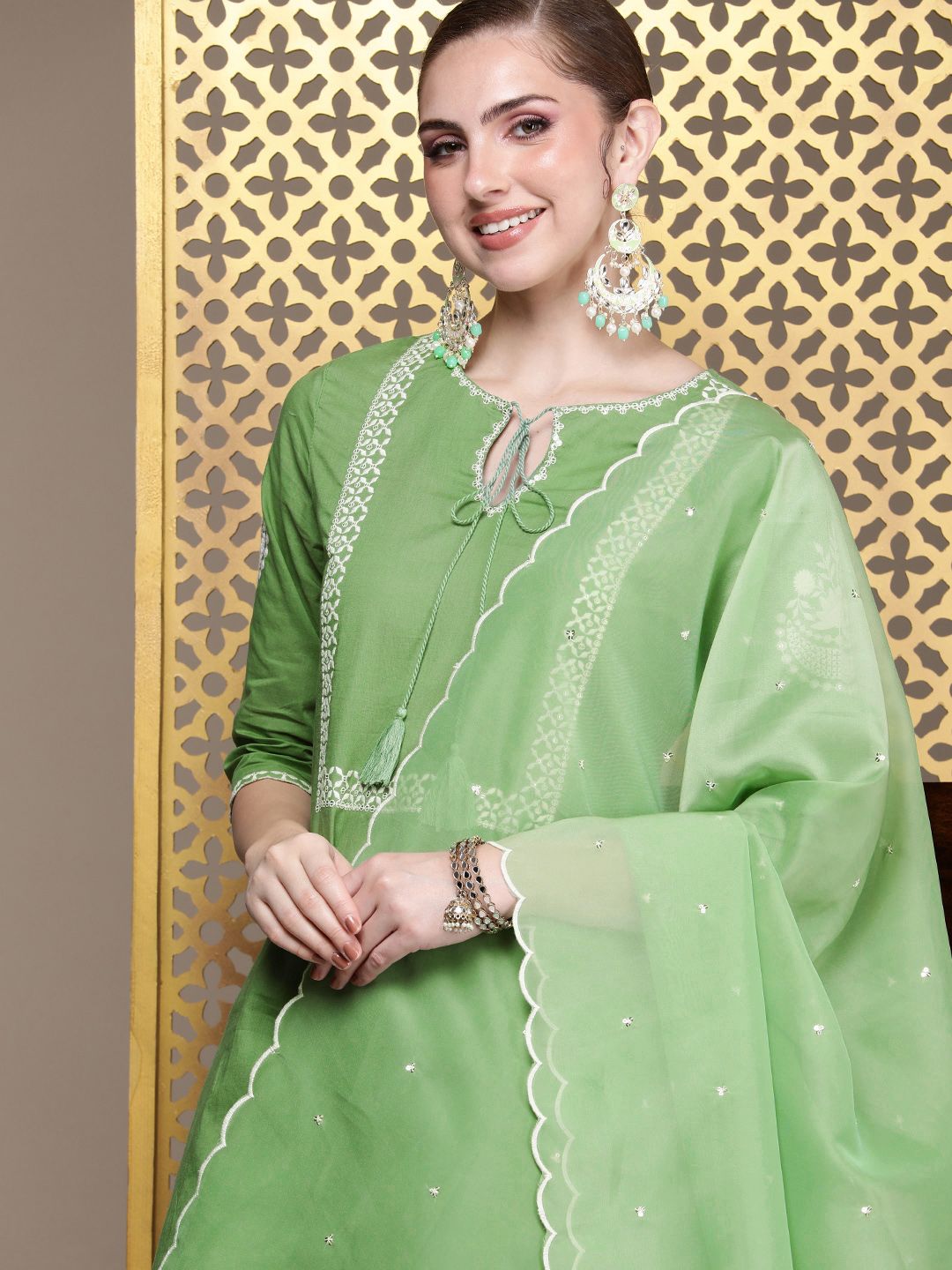 Dhiyona PD Women Jashn Ethnic Motifs Embroidered Pure Cotton Kurta with Palazzos & Dupatta