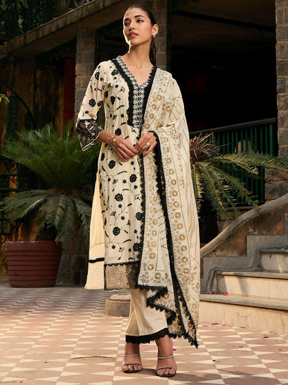 V Neck Floral Embroidered Thread Work Pure Cotton Kurta with Trouser & Dupatta