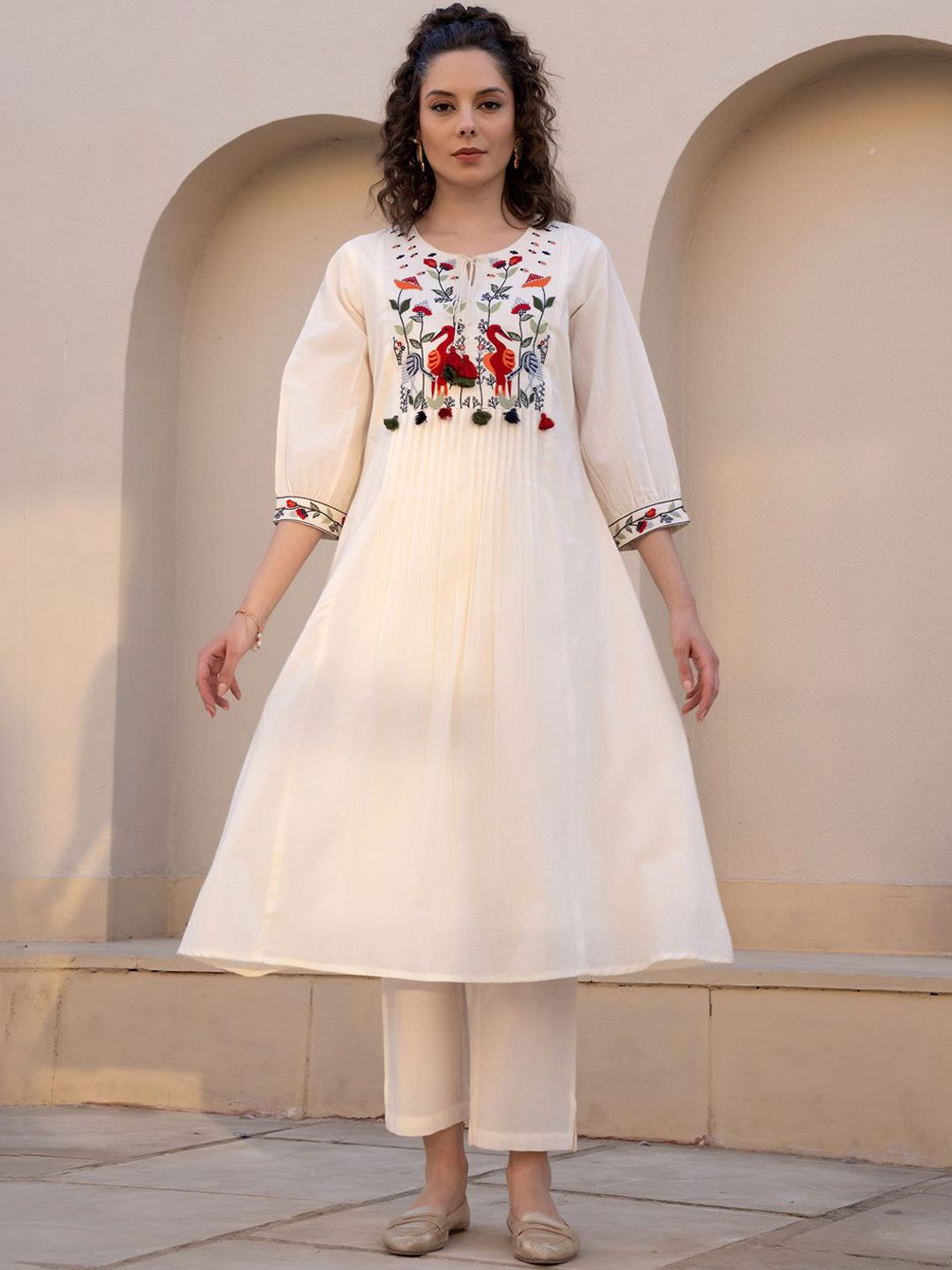 Dhiyona IE Floral Embroidered Tie-UP Neck Pleated A-Line Pure Cotton Kurta With Trousers