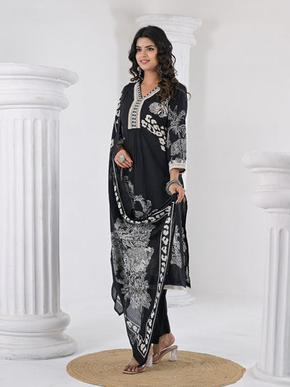 Dhiyona VA Women's Floral Printed Regular Thread Work Pure Cotton Kurta with Trousers & With Dupatta