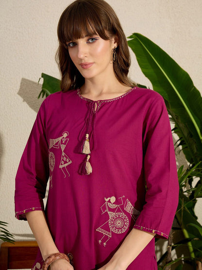Dhiyona IE Women's Women Embroidered Regular Pure Cotton Kurta with Trousers