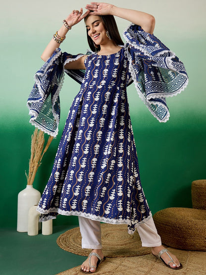 Dhiyona SN Women's Blue Ethnic Motifs Round Neck Gotta Patti Anarkali Kurta With Trousers & Dupatta