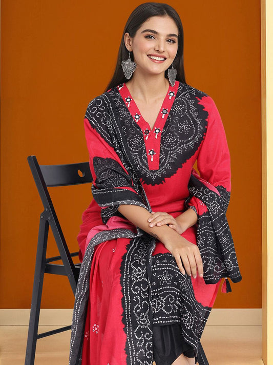 Dhiyona IS Women's Bhandani Printed V-Neck Straight Kurta With Trousers And Dupatta