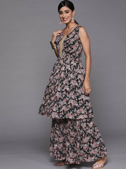 Dhiyona VA Women'sFloral Printed Pleated Gotta Patti Kurta with Sharara & Dupatta