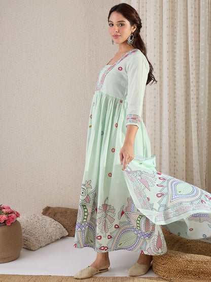 Ethnic Motifs Printed Pure Cotton A-Line Kurta With Trouser & Dupatta