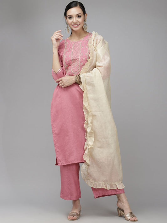 Dhiyona IE Women Pink Floral Yoke Design Regular Gotta Patti Kurta with Trousers & With Dupatta