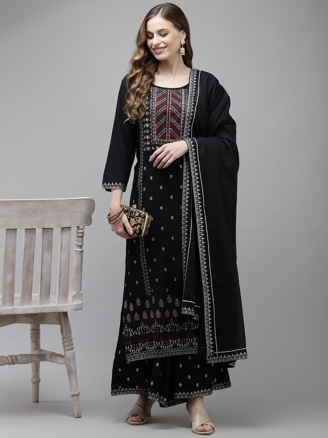 Dhiyona IS Women's Floral Printed Beads and Stones Kurta with Palazzos & With Dupatta