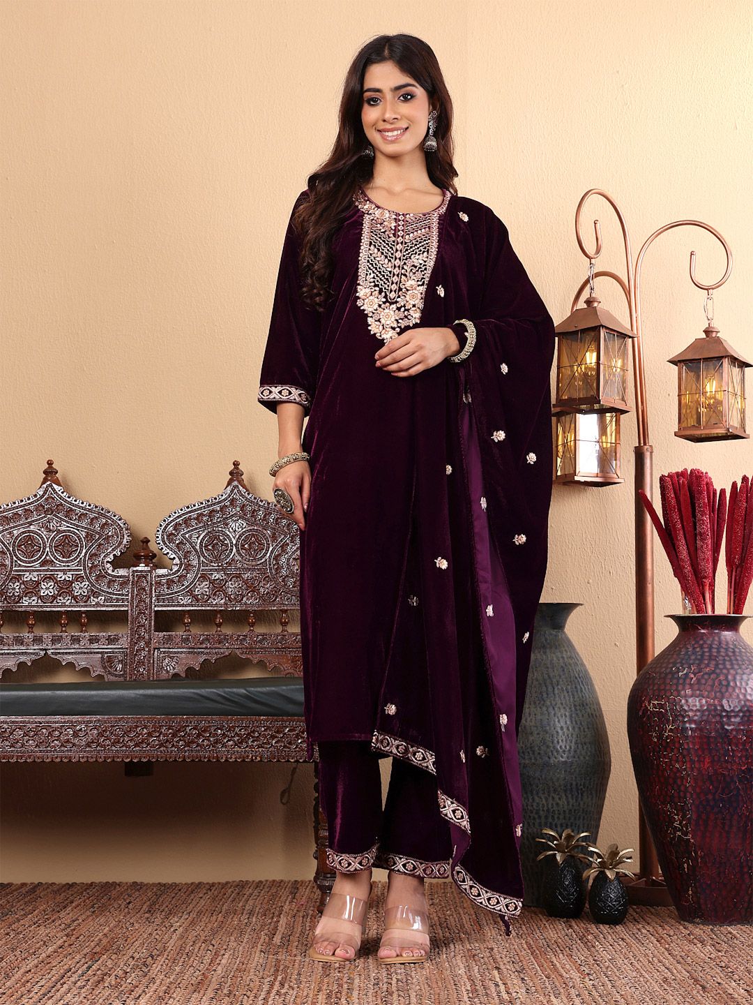Dhiyona VA Women'sPurple Floral Yoke Design Thread Work Velvet Kurta with Trousers & Dupatta