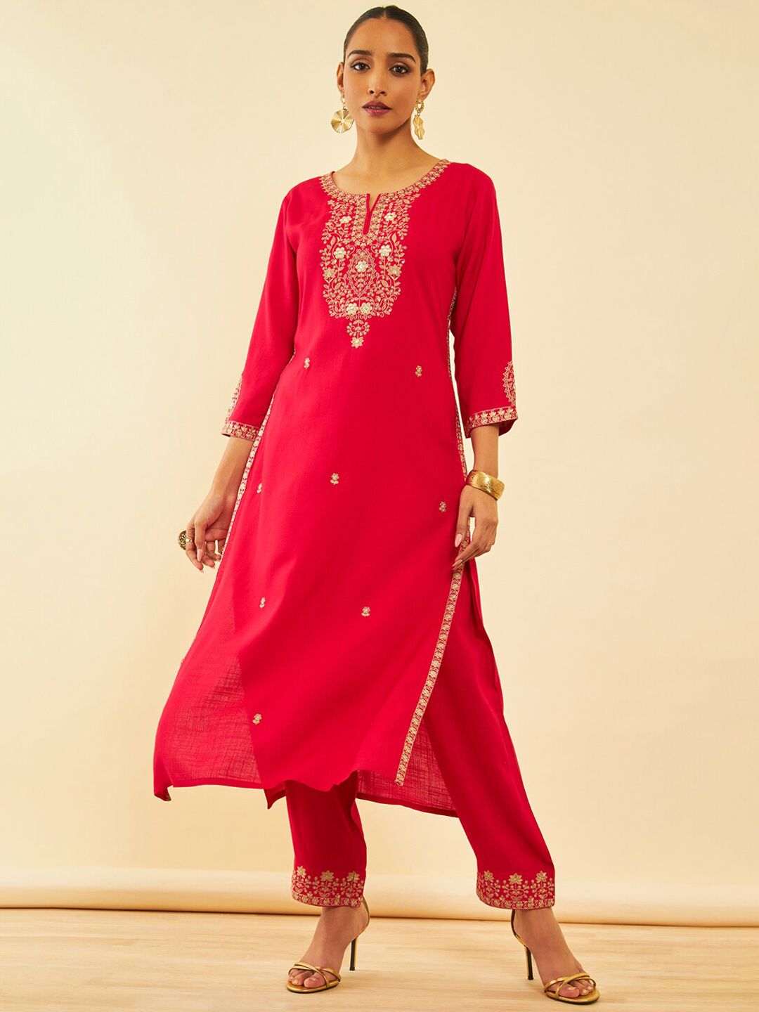 Dhiyona SO Women's Red Ethnic Motifs Embroidered Regular Mirror Work Kurta With Trousers