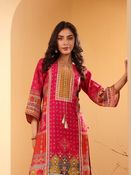 Dhiyona VA Women'sEthnic Motifs Printed Sequinned Chanderi Silk Kurta with Trousers And Dupatta