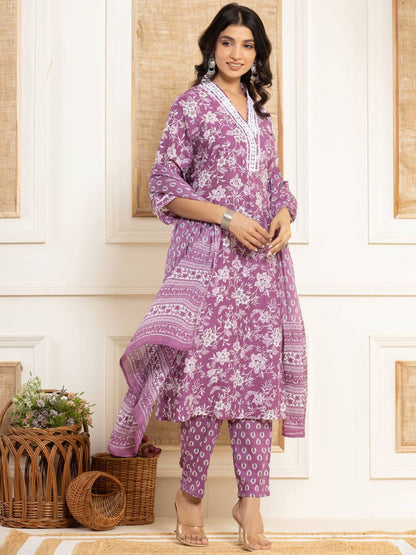 Dhiyona VA Women'sFloral Printed Regular Straight Kurta with Trouser & with Dupatta