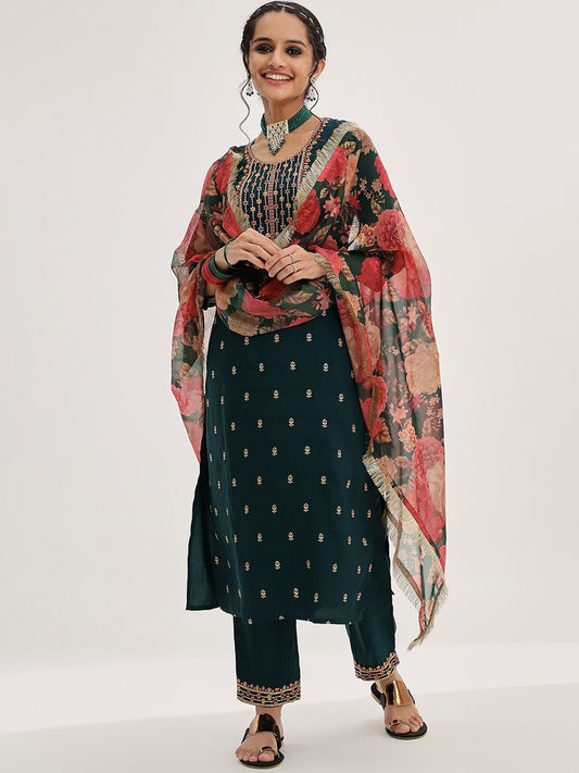 Dhiyona VA Women'sGreen Ethnic Motifs Embroidered Sequinned Straight Kurta & Trousers With Dupatta