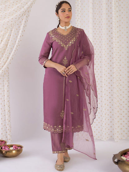 Dhiyona IE Floral Embroidered Zari Straight Kurta With Trousers & Dupatta