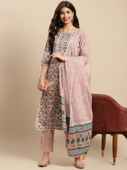 Dhiyona SN Women's Peach & Blue Floral-Printed Pure-Cotton Straight Kurta With Trouser & Dupatta