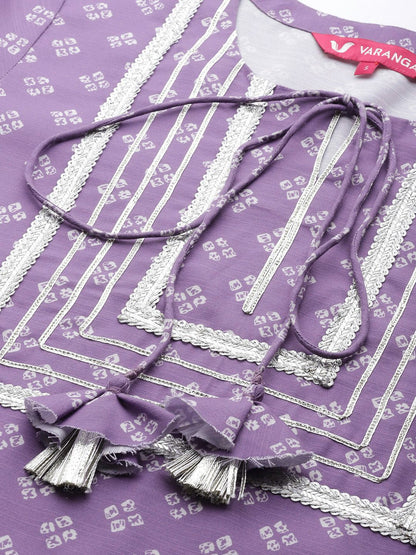 Dhiyona VA Women's Purple Bandhani Printed Kurta with Trousers & With Dupatta