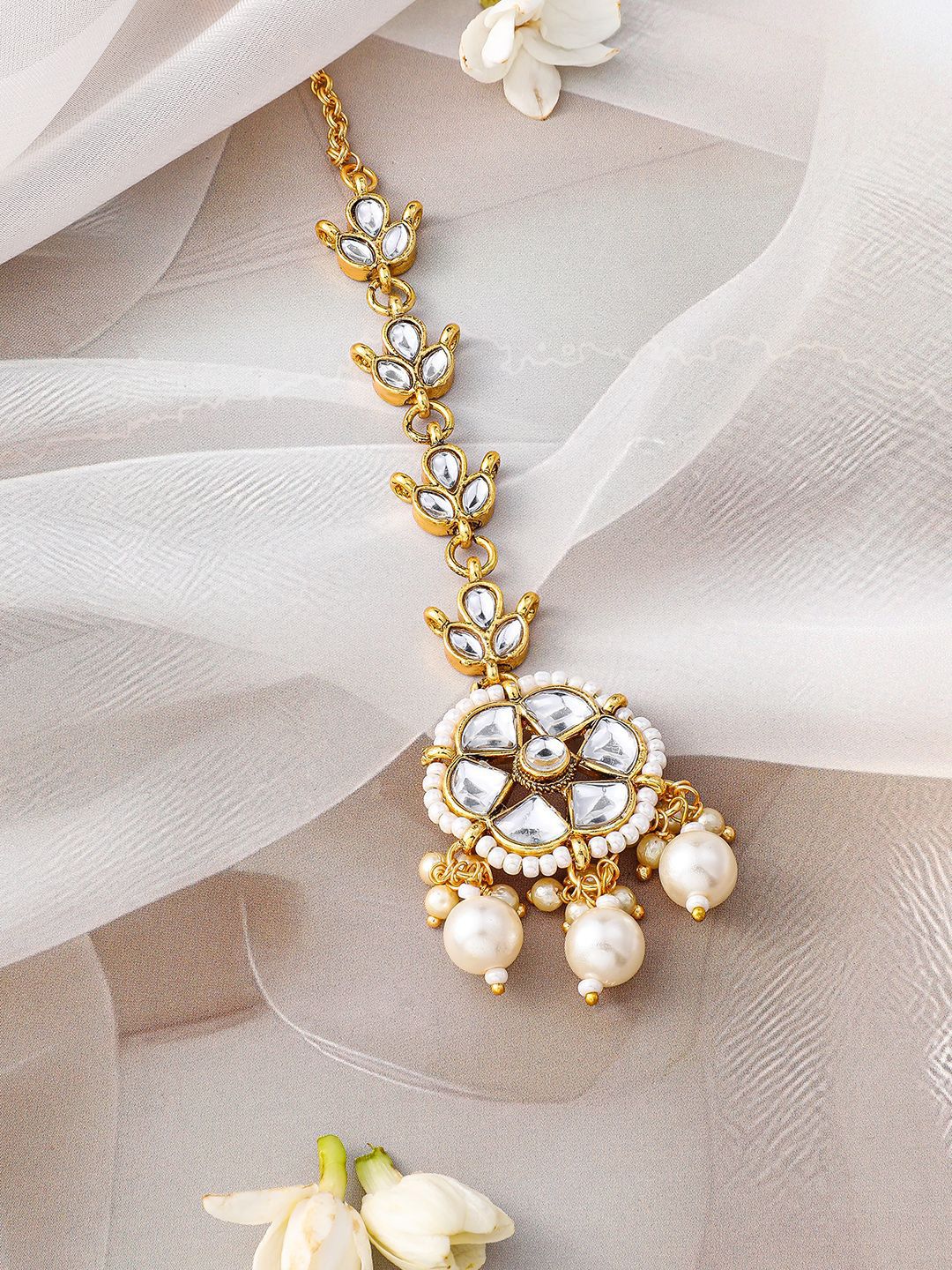 Dhiyona RJ Women's 18K Gold-Plated Kundan Studded Maang Tikka with Pearl Beads for Festive Looks