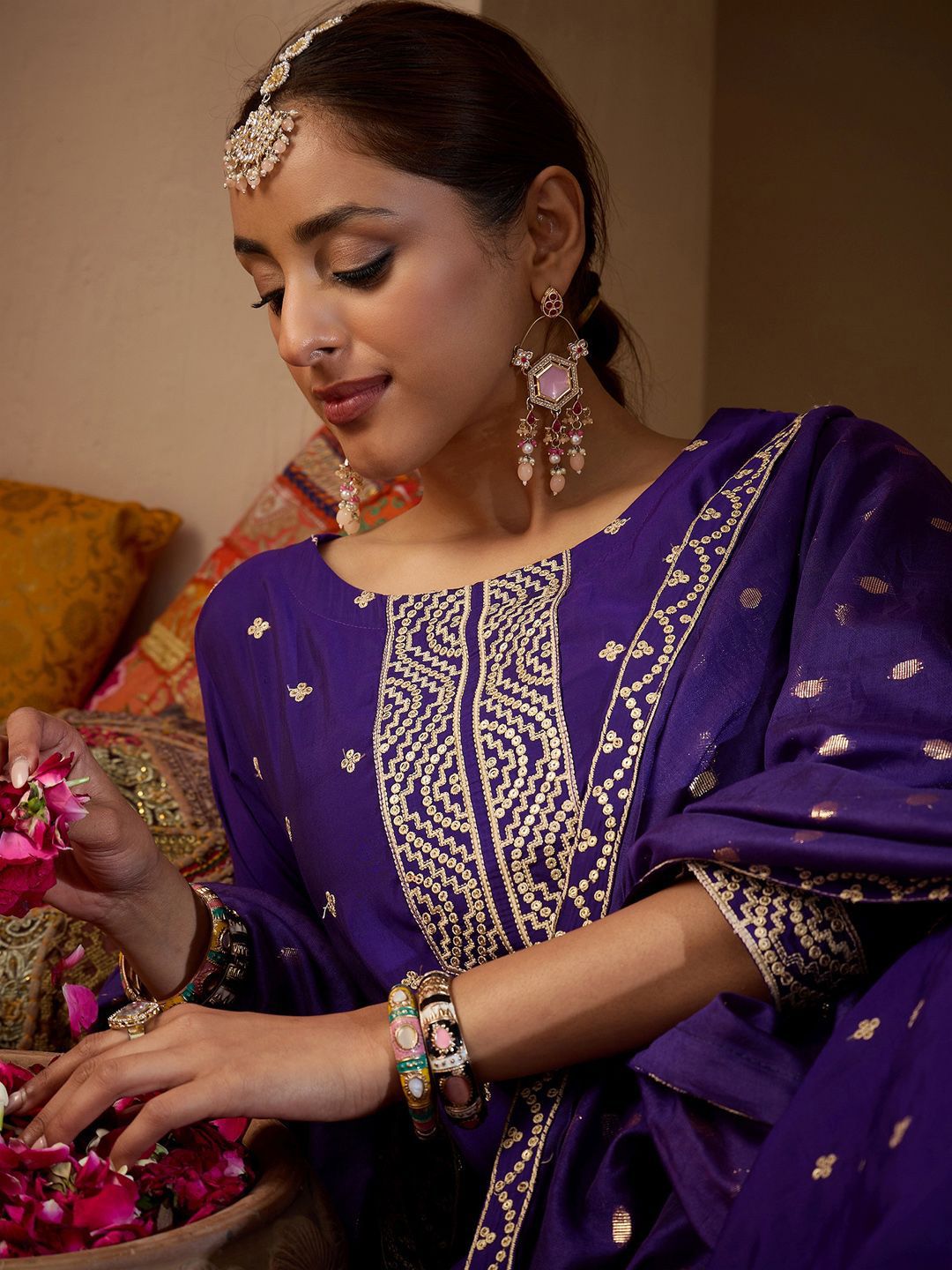 Ethnic Motifs Embroidered Sequinned Kurta with Trousers & With Dupatta