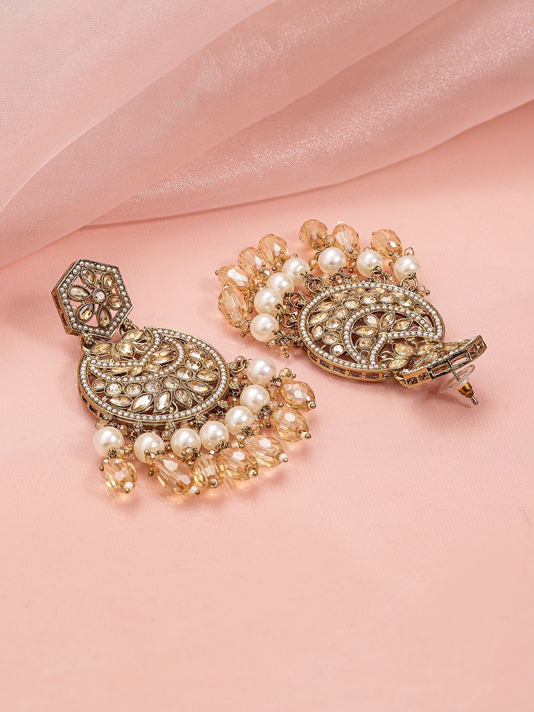 Dhiyona RJ Women's 18K Gold-Plated Chandbali Earrings with Champagne Stones, Pearls & Crystal Beads