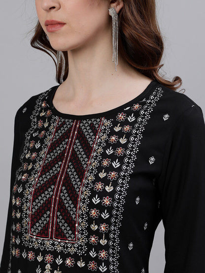 Dhiyona IS Women's Women Black Ethnic Motifs Printed Panelled Kurta with Palazzos & Dupatta