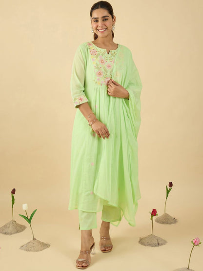Dhiyona IE Women Embroidered Pure Cotton A-Line Kurta with Trousers & With Dupatta