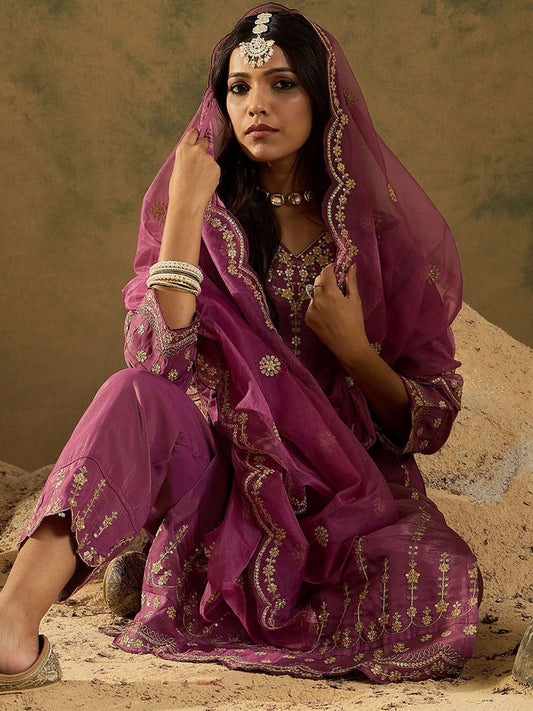 Dhiyona IE Women Floral Embroidered Regular Kurta with Trousers & With Dupatta