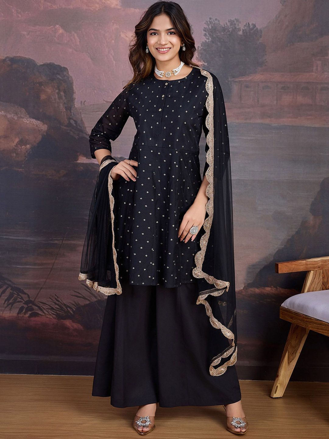 Dhiyona PD Women Floral Woven Design Chanderi Cotton A-Line Kurta & Trousers With Dupatta