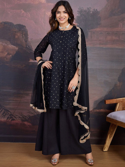 Dhiyona PD Women Floral Woven Design Chanderi Cotton A-Line Kurta & Trousers With Dupatta