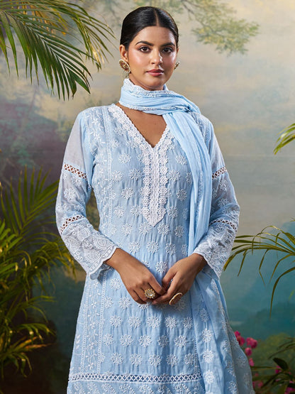 Ethnic Motifs Embroidered Pure Cotton V Neck Kurta With Trousers & Dupatta