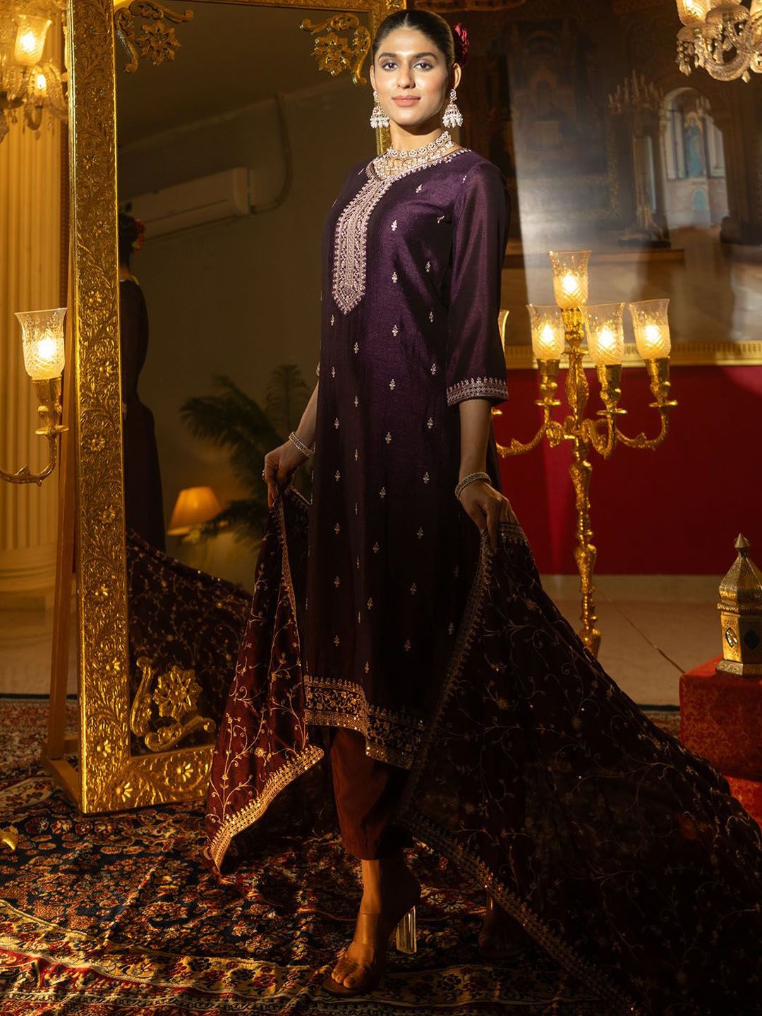 Women Ethnic Motifs Embroidered Regular Kurta with Trousers & With Dupatta