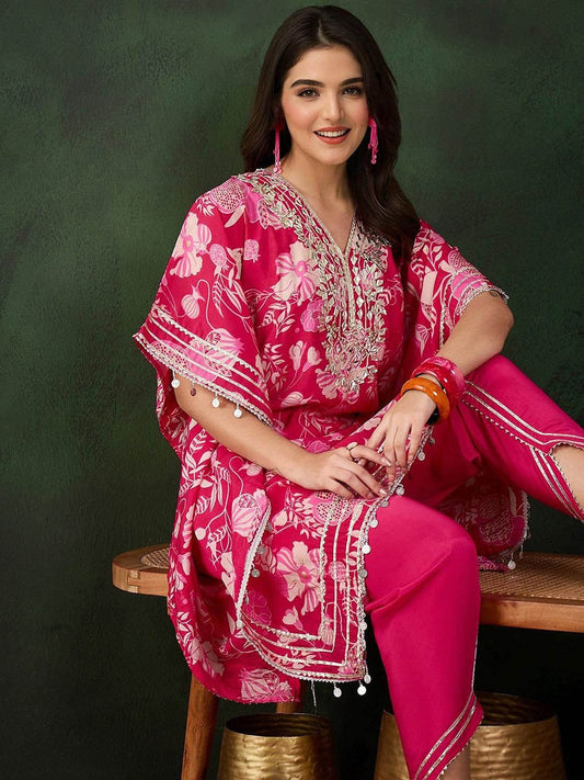 Dhiyona IS Women's Women Ethnic Motifs Print Regular Mirror Work Kaftan Kurta with Trousers