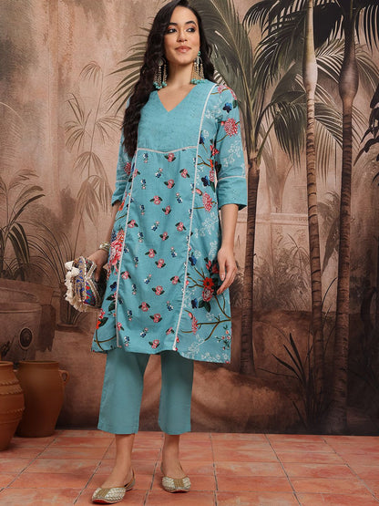 Dhiyona SN Women's Floral Print Lace Inserts Paneled Kurta With Trousers