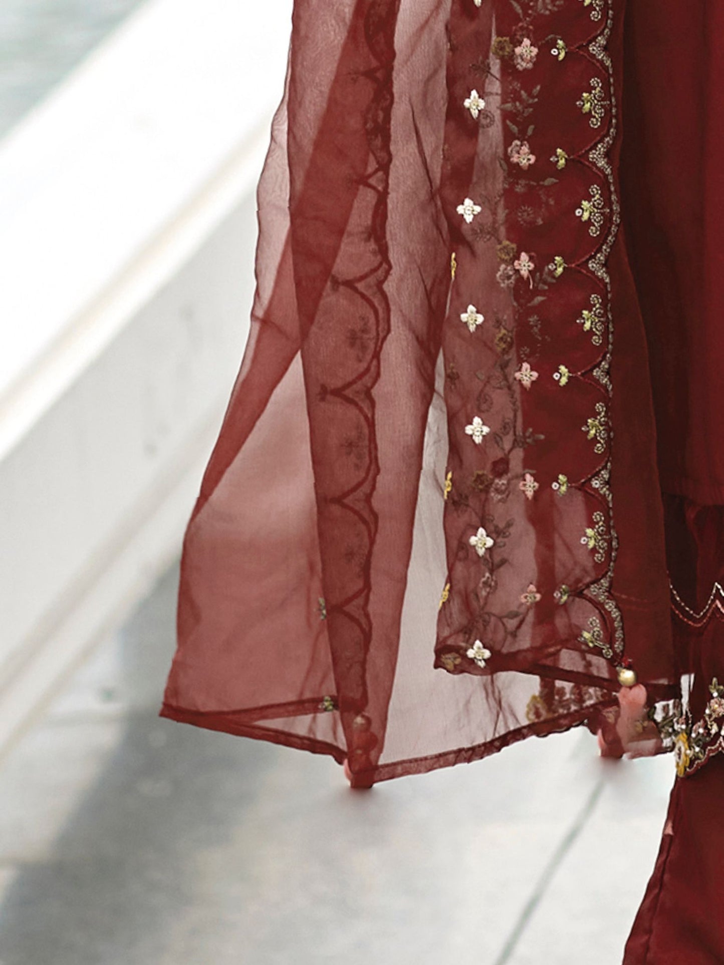 Maroon Floral Yoke Design Thread Work Straight Kurta & Trousers With Dupatta