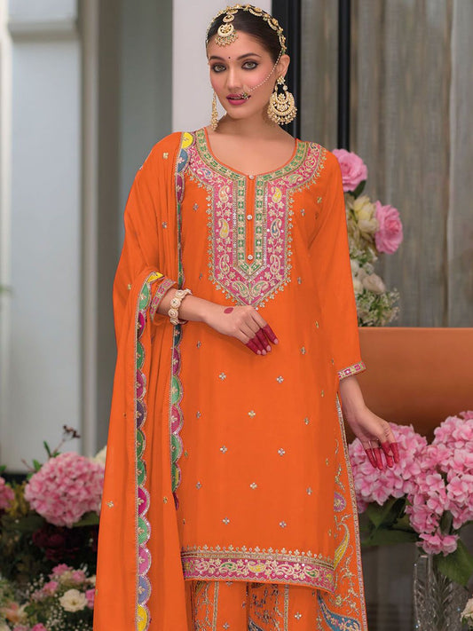 Dhiyona IE Floral Embroidered Sequinned Chinon Straight Kurta With Palazzos & Dupatta