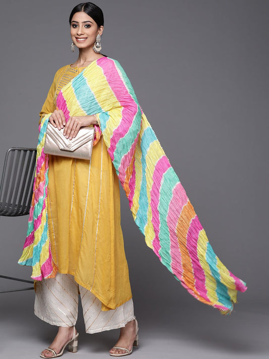 Dhiyona VA Women's Mustard Yellow & Yellow Gotta Patti Cotton Kurta with Palazzos & Dupatta