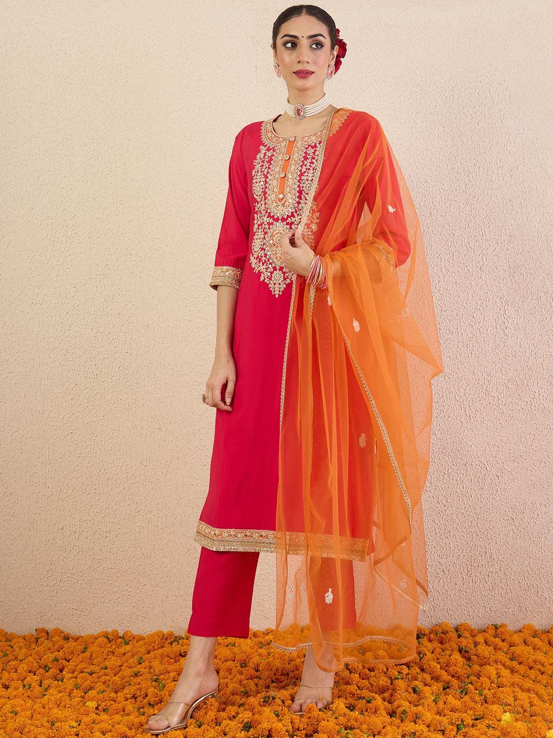 Ethnic Motifs Embroidered Sequinned Straight Kurta With Trousers & Dupatta
