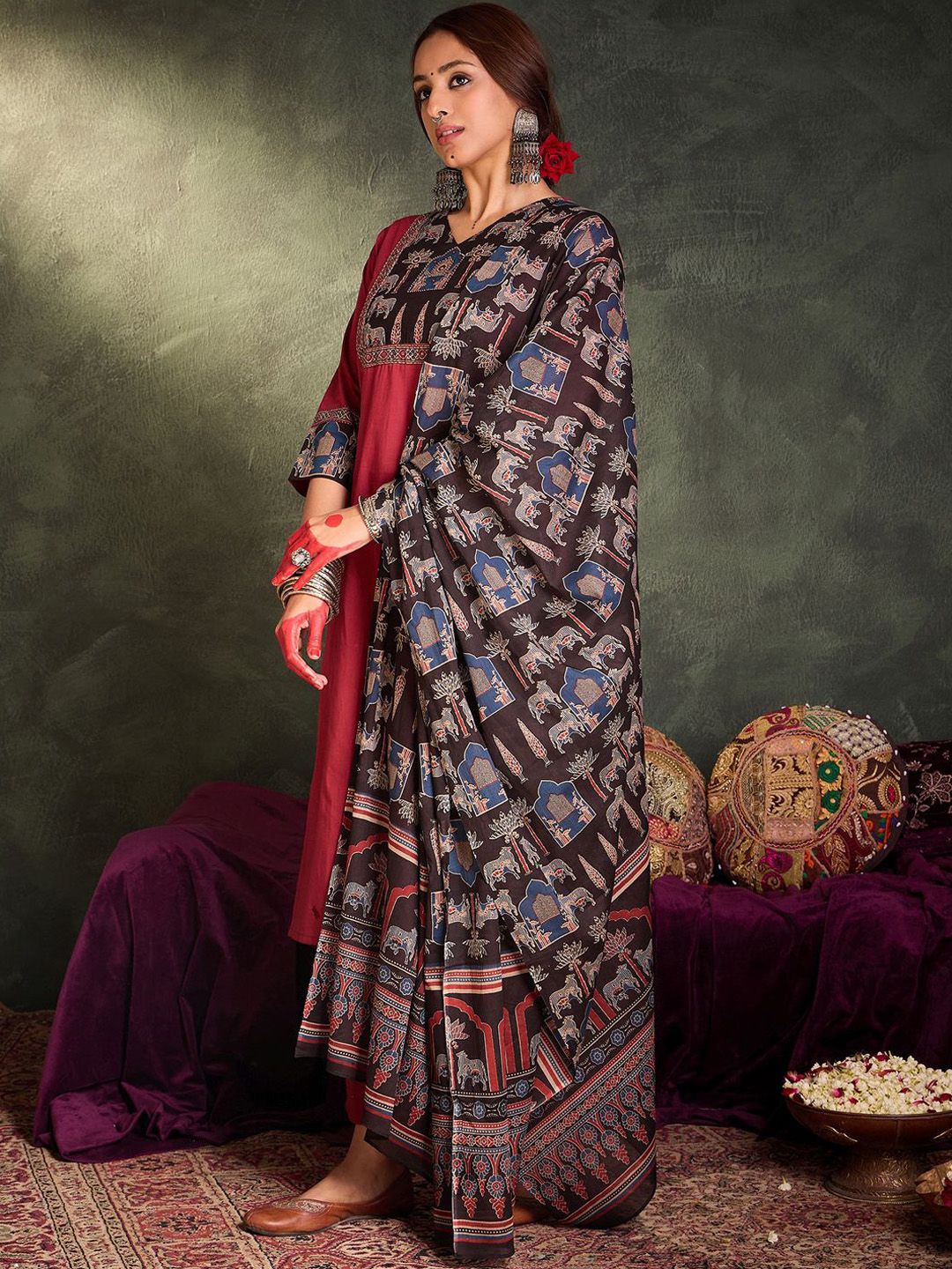 Ethnic Motifs Yoke Design Pure Cotton Straight Kurta With Trousers & Dupatta