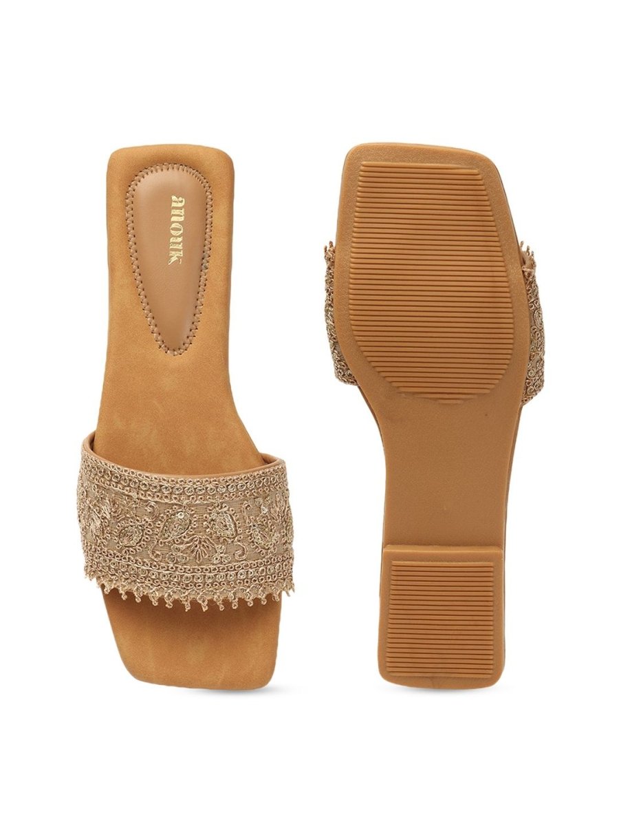 Dhiyona AK Beige Ethnic Embellished Open Toe Flats