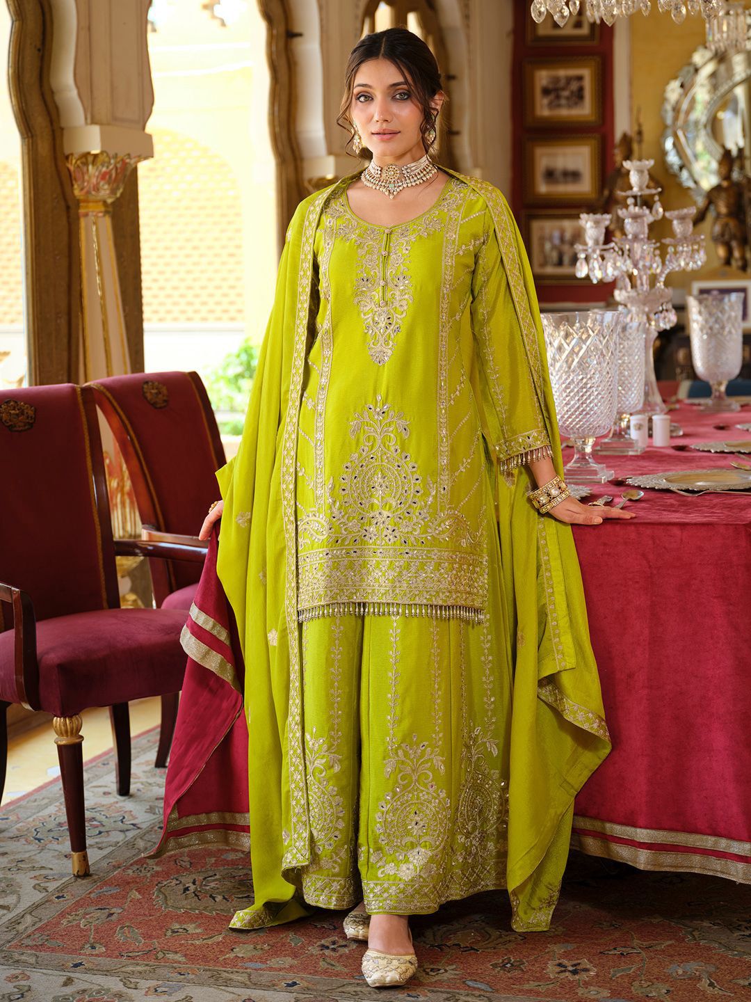 Women Ethnic Motifs Embroidered Regular Mirror Work Kurta with Palazzos & Dupatta