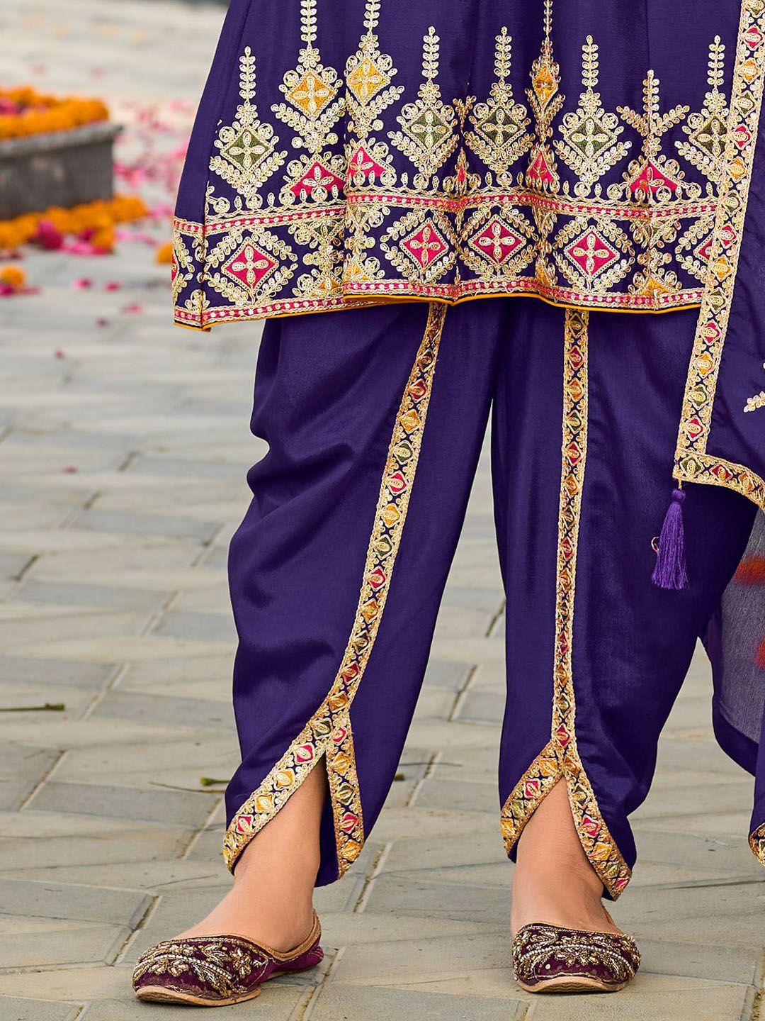 Floral Embroidered Sweetheart Neck Sequinned A-Line Kurta Dhoti Pants & Dupatta